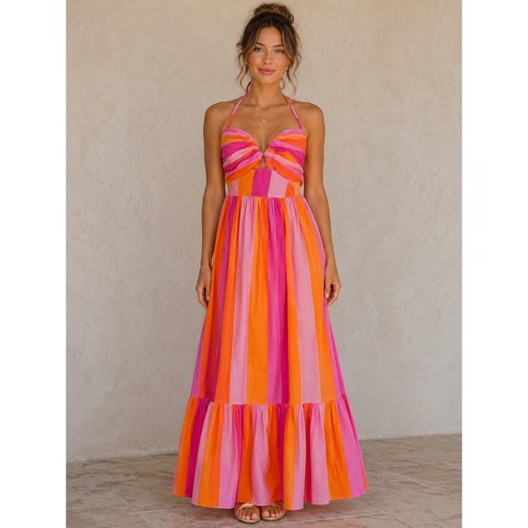 BuddyLove Dresses & Skirts - BuddyLove Gerty Maxi Dress NWT M Pink Orange Stripe Halter Smocked Cotton Resort